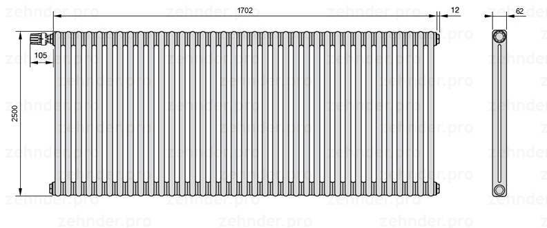 Схема (чертеж) Радиатор Zehnder Charleston 2250/37 №V011 Белый глянцевый RAL 9016
